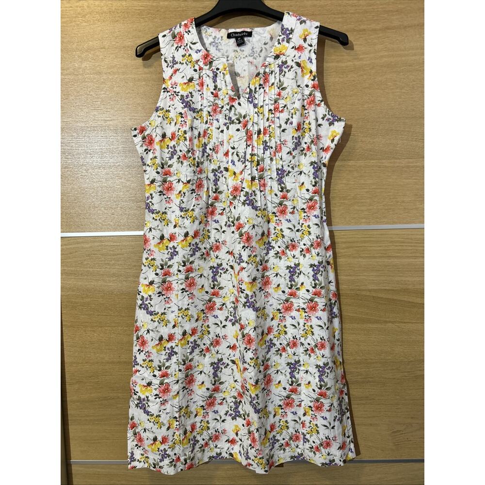 Chadwicks Women’s Size MT Linen Floral Garden Pintuck Pleating Sleeveless Dress